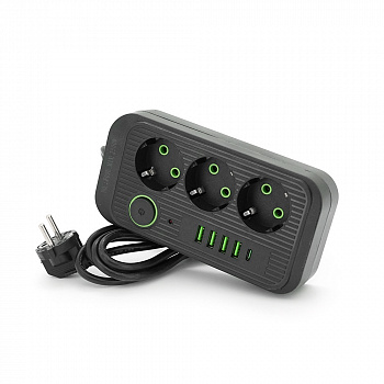 Фільтр F09U, 3 розетки EU + 4 USB + 1PD, кнопка включення з індикатором, 2 м, 3х0,75мм, 2500W, Black, Box