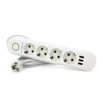 Мережевий фільтр F04U, 4 розетки EU + 3 USB, 1.5 м, перетин 3х0, 75мм, 2500W, White, Box