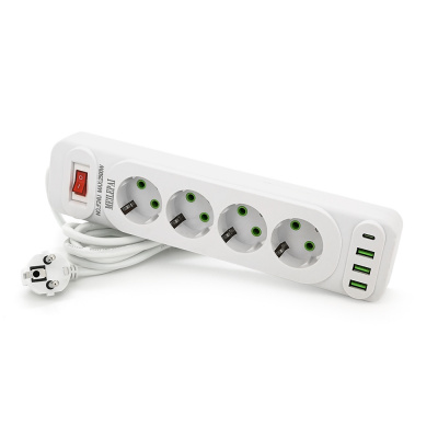 Мережевий фільтр F24U, 4 розетки EU+3 USB+PD, кнопка включення з індикатором, 2 м, 3х0,75мм, 2500W, White, Box