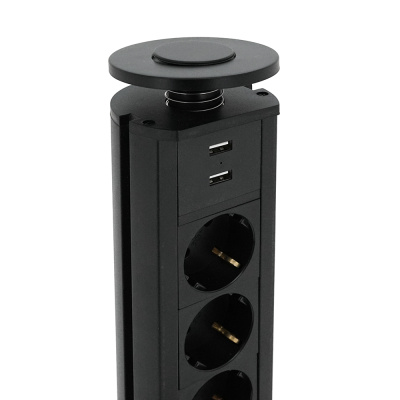 Мережевий фільтр вбудований в столешнішцу, 3 Розетки + 2 USB, перетин 3х0,75мм, 16А, 250V, 2 м, Black, круглий, діаметр 80мм, Box