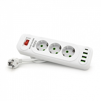 Мережевий фільтр F23U, 3 розетки EU+3 USB+PD, кнопка включення з індикатором, 2 м, 3х0,75мм, 2500W, White, Box