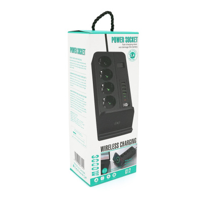 Мережевий фільтр із захистом від перенапруги G12, 4 розетки + 4 USB 3.2A + 2 Type-C + бездротова зарядка, 2 м, Black, Box