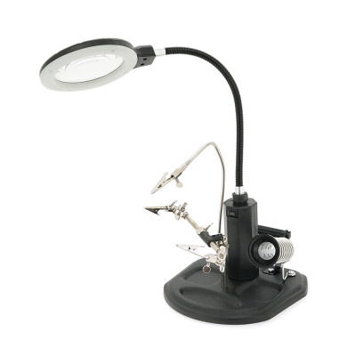 Паяльний тримач "третя рука" TE-802. Лінзи Ø85мм та Ø21мм. Збільшення 2.5X та 4X. 16 SMD LEDs. 3 затискачі-помічника. Живлення USB. 185x170 мм. 1025 р.