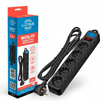 Мережевий подовжувач ТМ LOGA, 220В, 8,2А, 5 розеток, мод.L-902-В, 1,8м, 3х075, чорний Q40