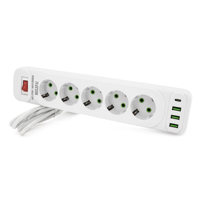 Мережевий фільтр F25U, 5 розеток EU+3 USB+PD, кнопка включення з індикатором, 2 м, 3х0,75мм, 2500W, White, Box